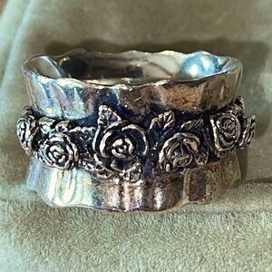 Elegant Sterling Silver Rose Floral Wide Band Ring size 7/7.5